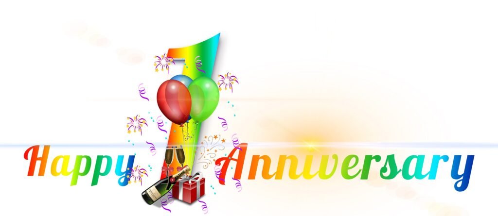 Happy 1st anniversary celebration with balloons gifts and champagne