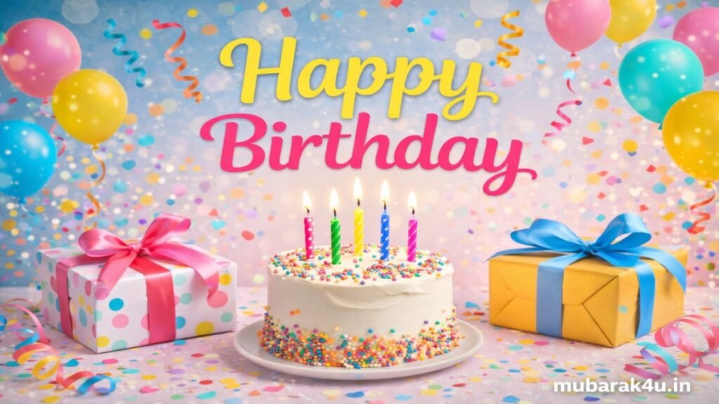 Happy Birthday Wishes cake with candles and gifts