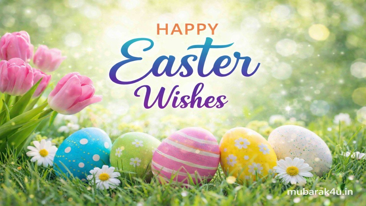 Happy Easter wishes image with colorful eggs and spring flowers