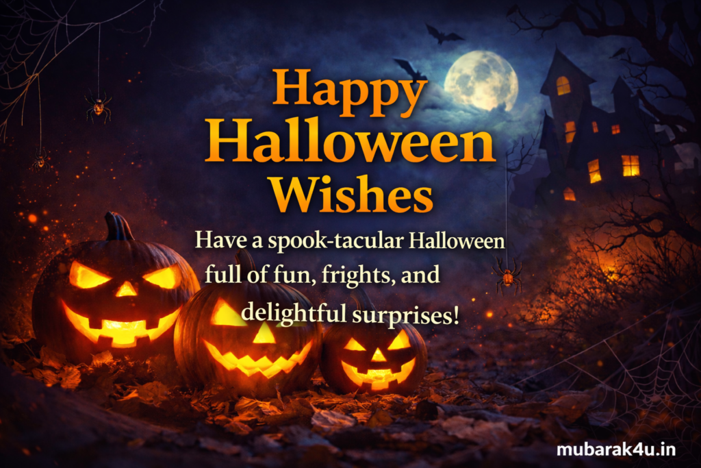 Happy Halloween wishes image with pumpkins and spooky theme