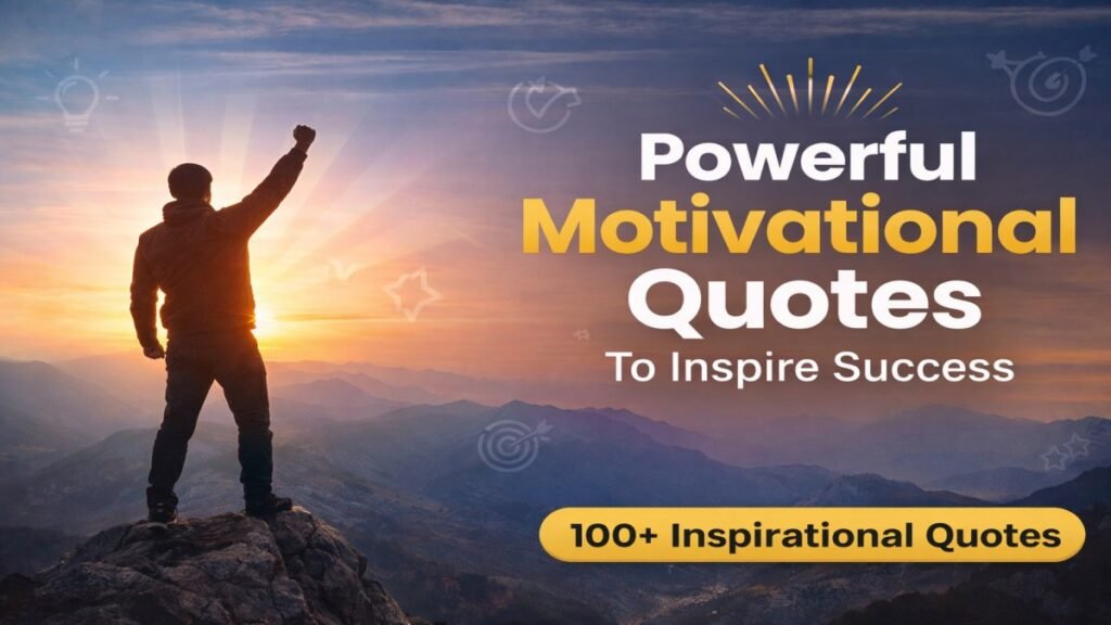 Silhouette of a man standing on a mountain with sunrise background representing motivational quotes for success