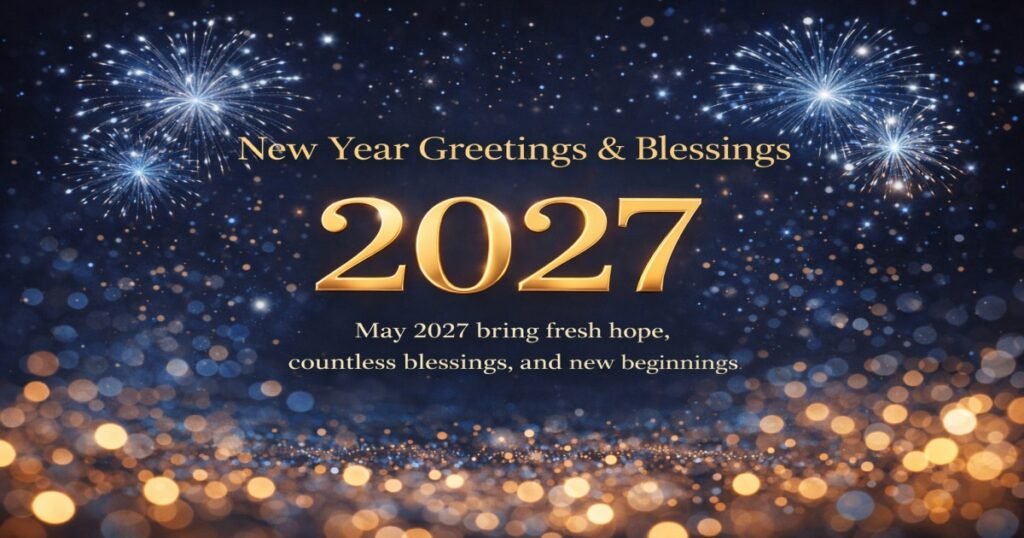 New Year Greetings 2027 elegant celebration card with fireworks and blessing message