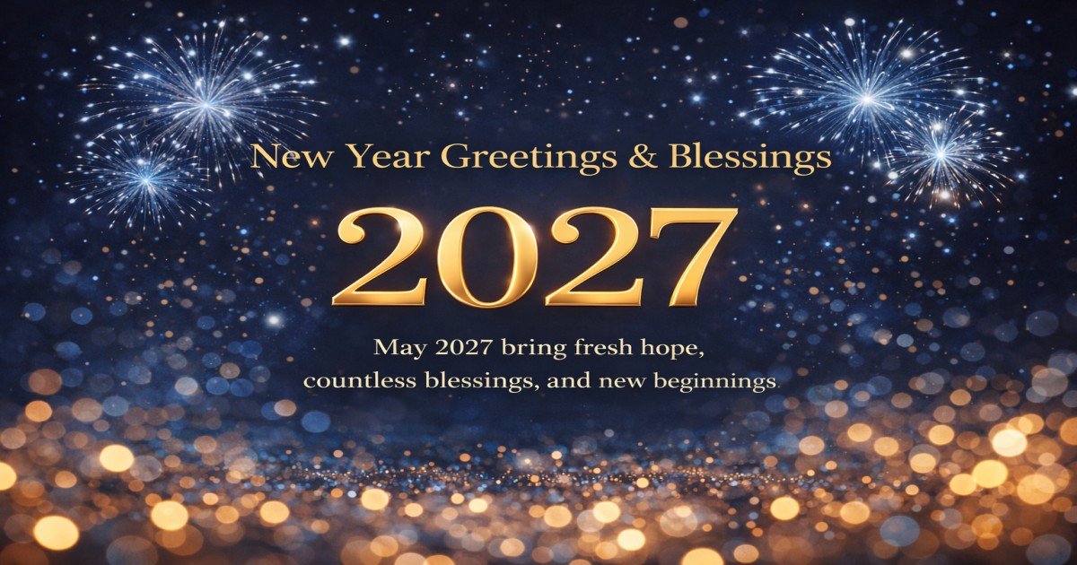 New Year Greetings 2027 elegant celebration card with fireworks and blessing message