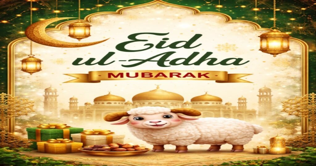 Eid ul-Adha Wishes greeting card with mosque and sheep
