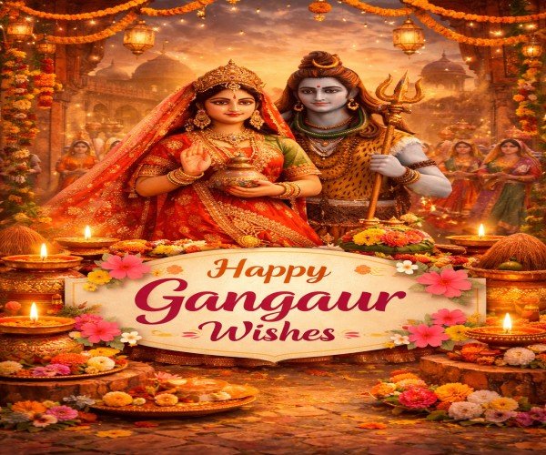 Happy Gangaur wishes greeting card with Lord Shiva and Goddess Parvati