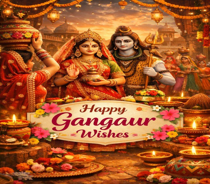 Happy Gangaur wishes with Goddess Gauri and Lord Shiva festival celebration
