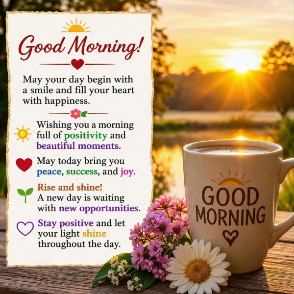 beautiful Good Morning Wishes 2026 image with sunrise coffee and positive message