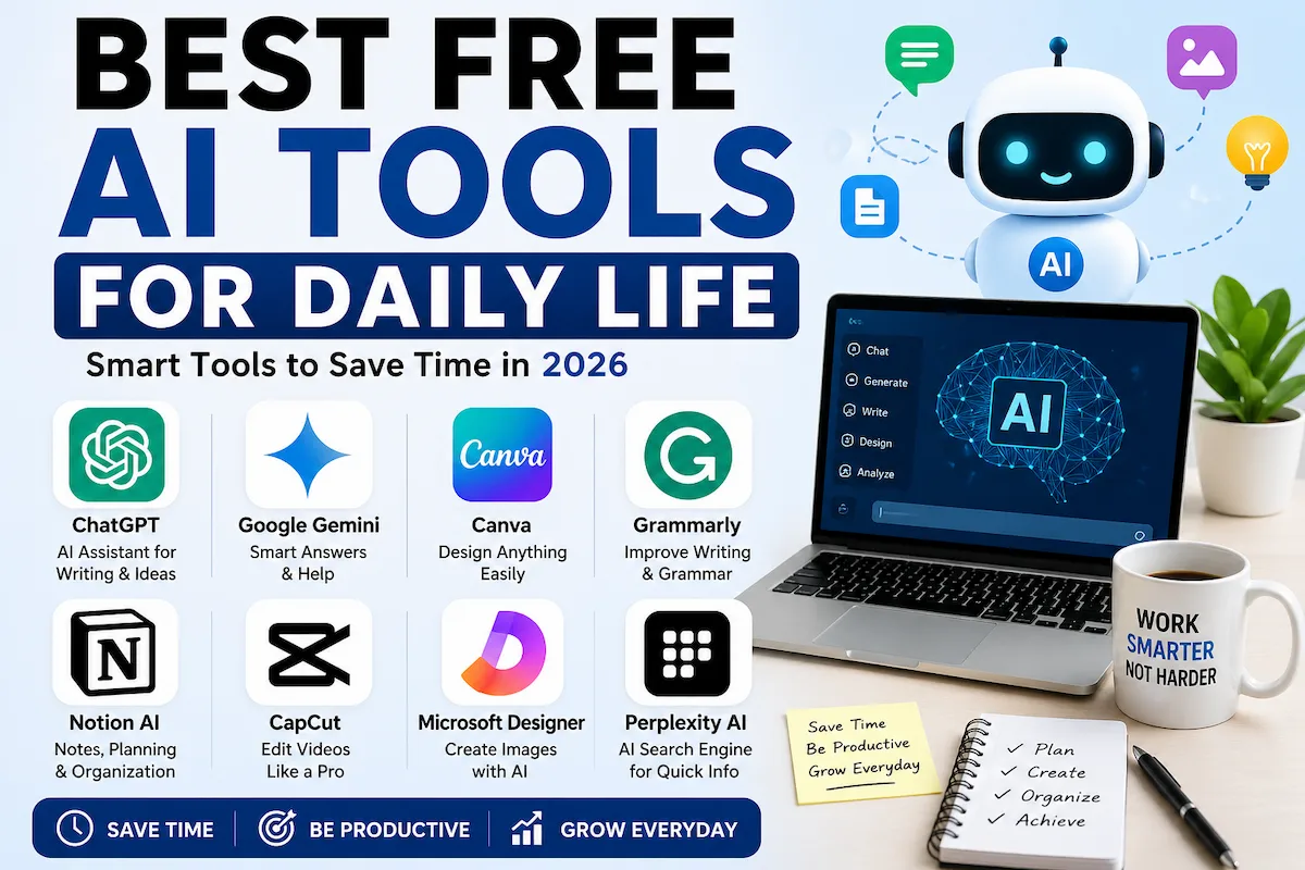 Best Free AI Tools for Daily Life showing ChatGPT Canva Gemini productivity writing planning and smart daily tools