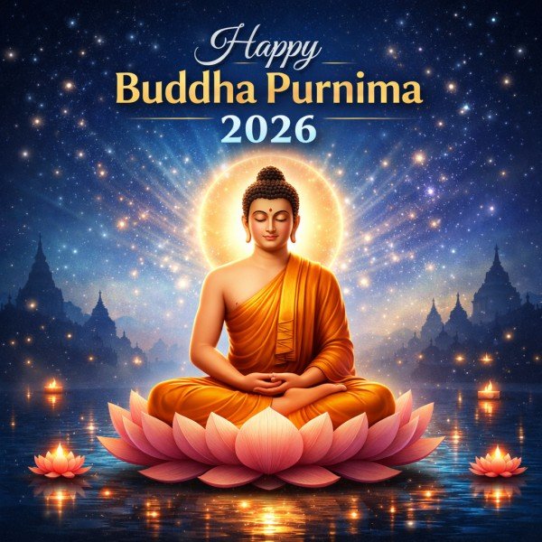 Happy Buddha Purnima 2026 wishes image with Buddha and lotus