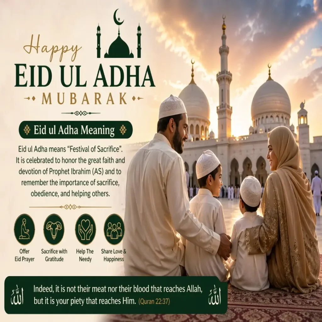 Eid ul Adha meaning celebration image with mosque and family