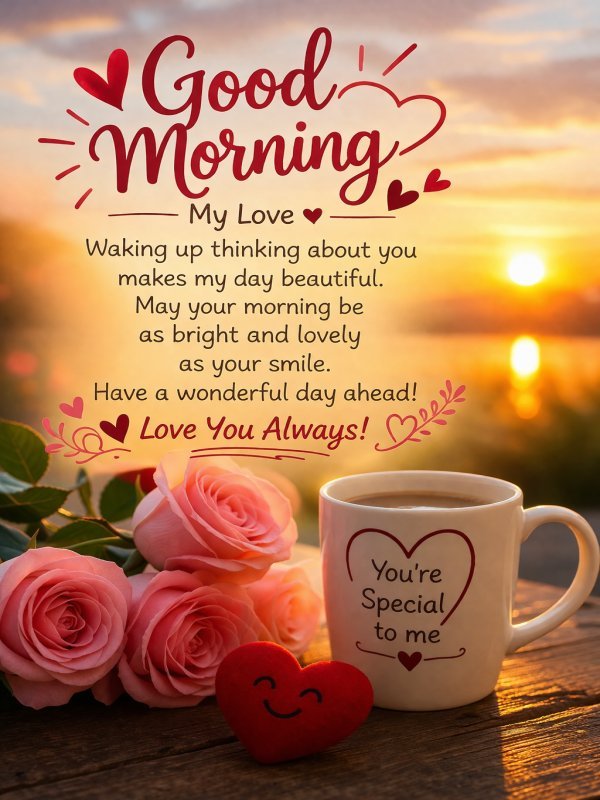 beautiful Good Morning Wishes image with sunrise coffee and positive message