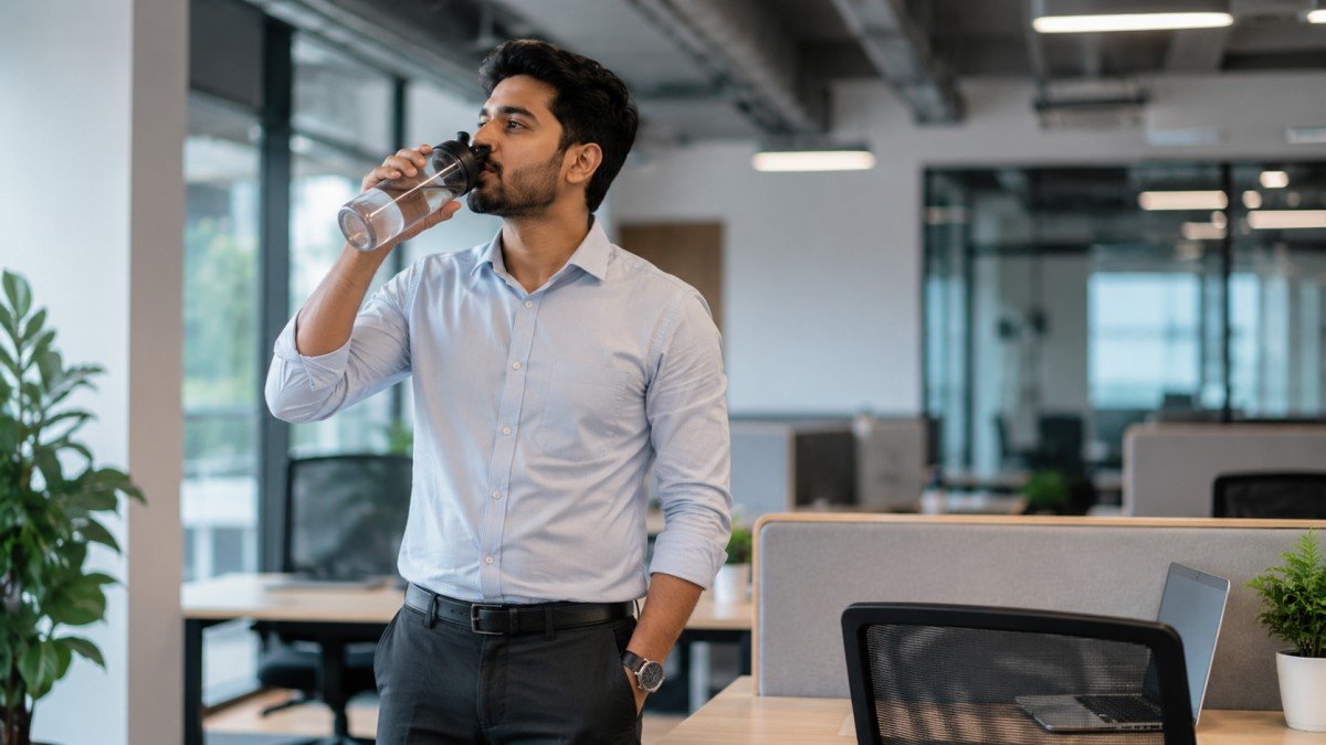 Pani Kam Peene Ke Nuksan Aur Daily Hydration Tips showing an office worker taking a water break during work