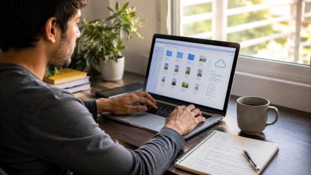 Cloud Storage Kya Hai guide showing online file storage and cloud sync on a laptop