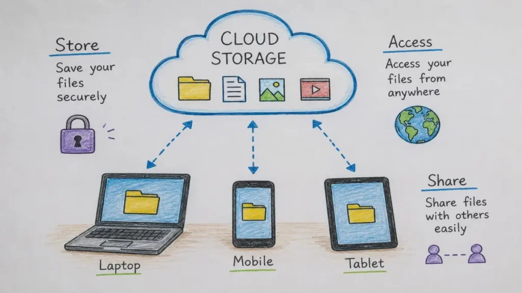 Cloud Storage Kya Hai illustration showing online file storage across multiple devices
