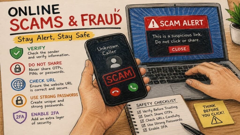 Online scams and fraud safety guide showing scam alerts, phishing warnings and cybersecurity tips