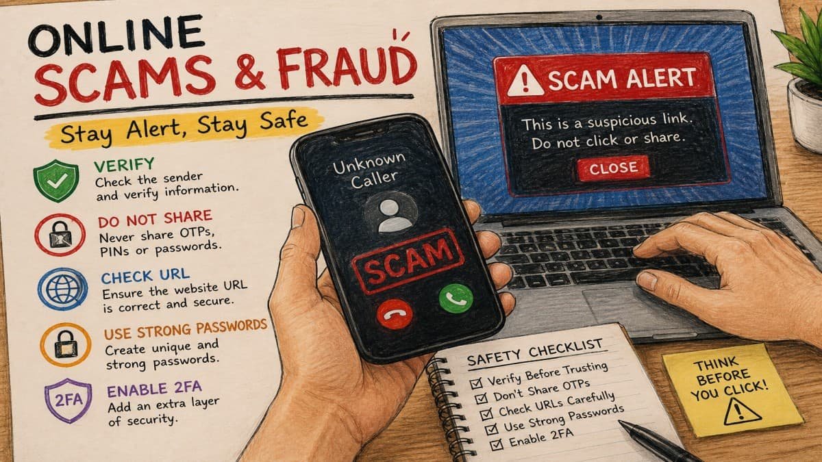 Online scams and fraud safety guide showing scam alerts, phishing warnings and cybersecurity tips