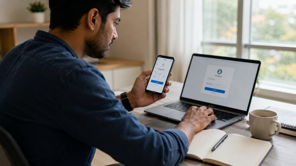 Two-Factor Authentication Kya Hai showing account login and verification code on smartphone