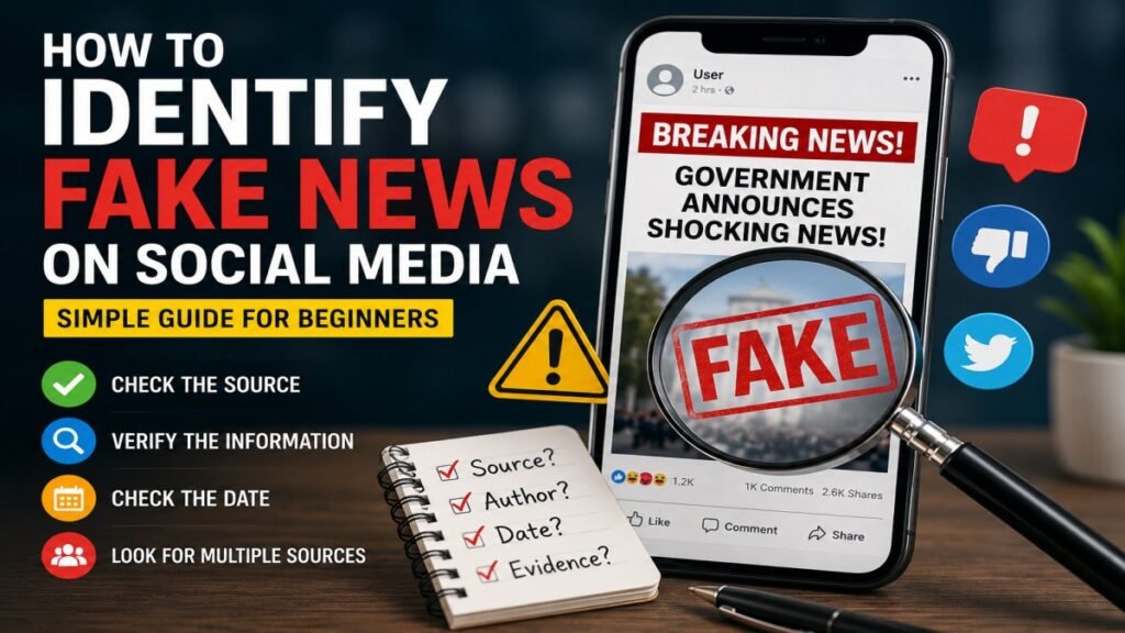 Fake news on social media guide showing fact checking, news verification and identifying misleading information online