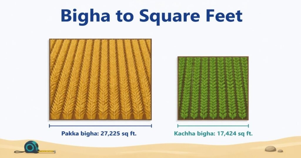 Bigha to square feet: pakka bigha 27,225 sq ft compared with kachha bigha 17,424 sq ft